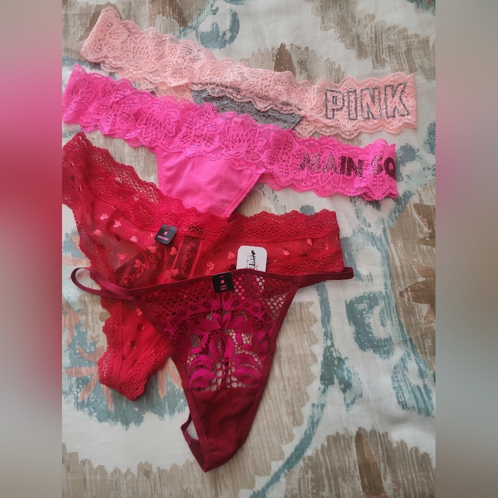 Victoria's Secret Pink and Red Lace Thong Trio